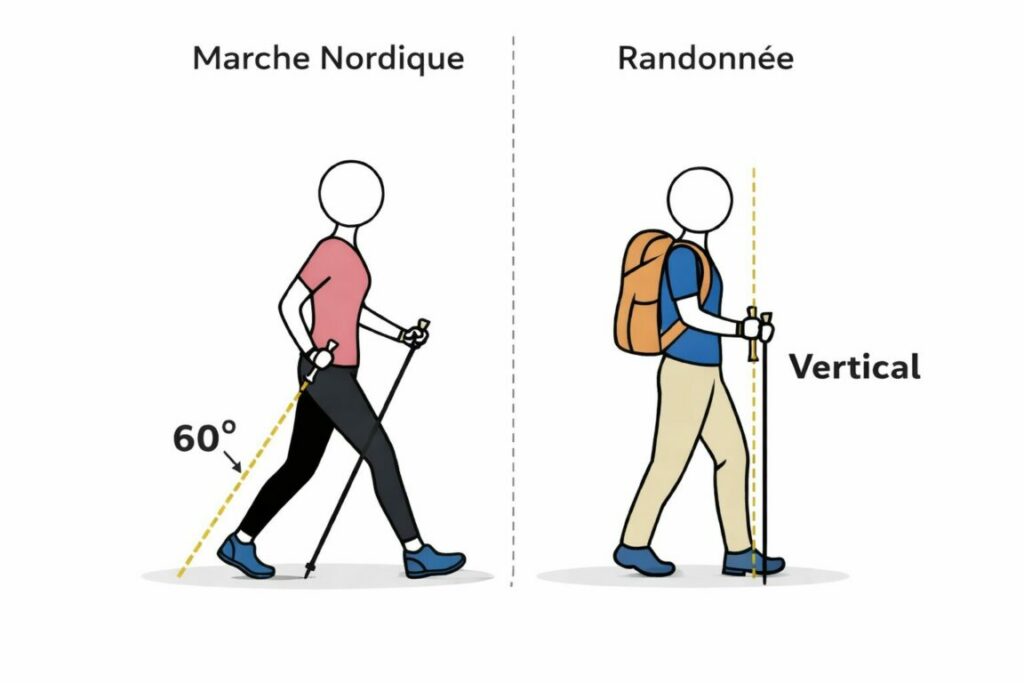 infographie différence marche nordique vs randonnée utilisation des bâtons